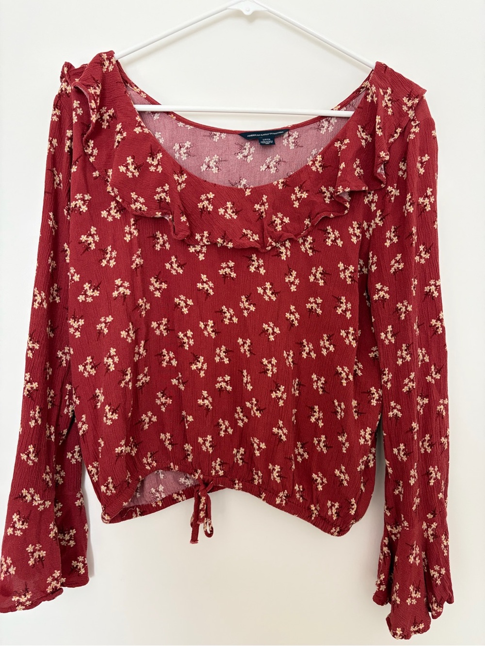 American Eagle Outfitters Red Floral Ruffle-Neck Blouse